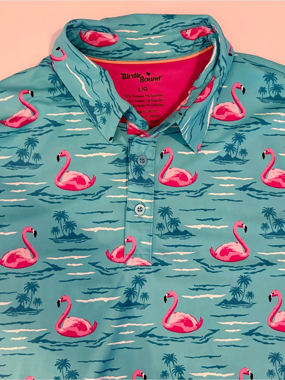 Birdie Bound Mens Large Aqua Flamingo Print Golf Polo Shirt Stretch Performance